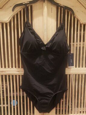 Jantzen Classic Black One Piece Swimsuit with Ruffled V Neck and built in cups